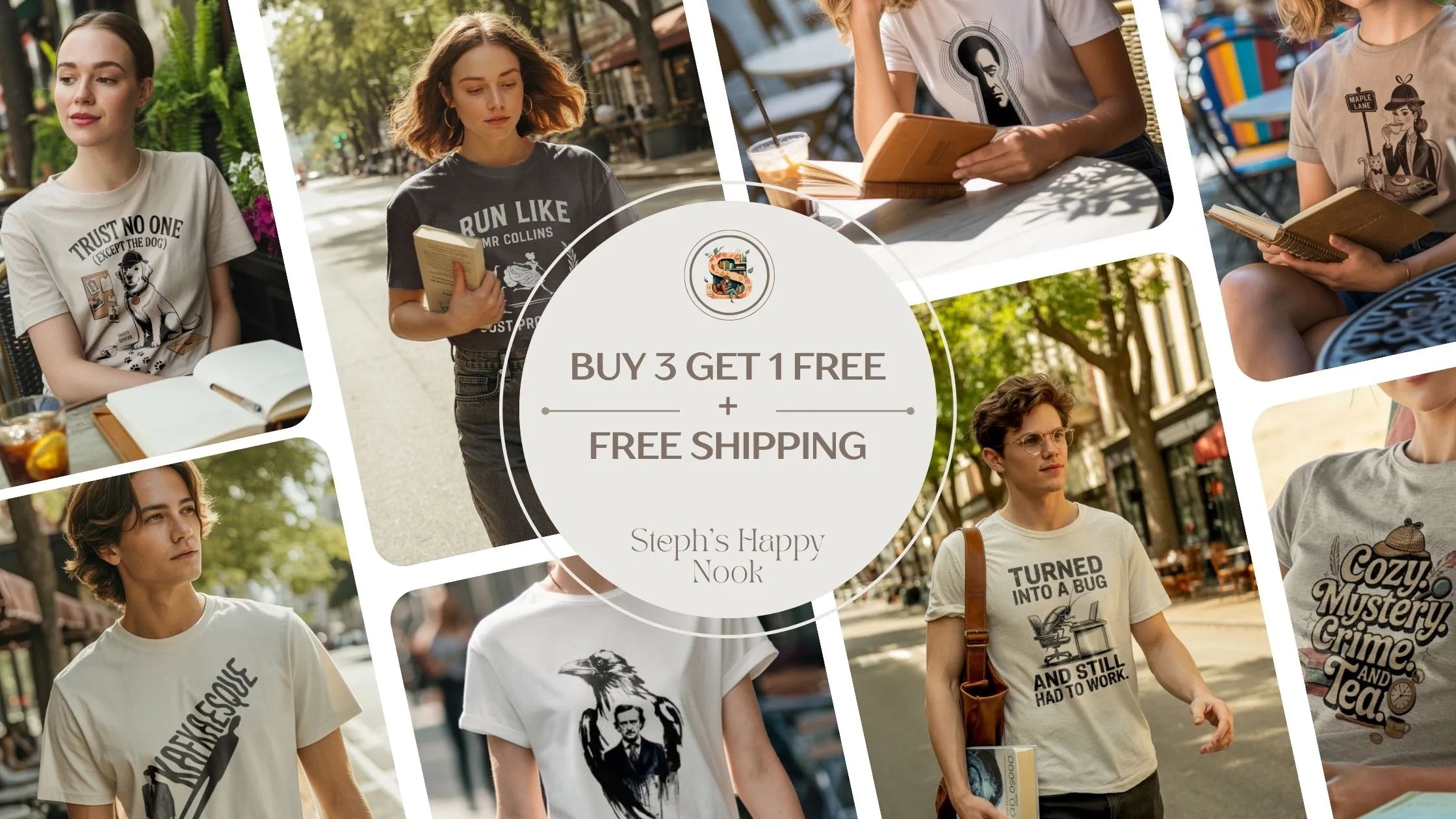 Collage of people wearing t-shirts with various designs and text, promoting a buy 3 get 1 free offer.