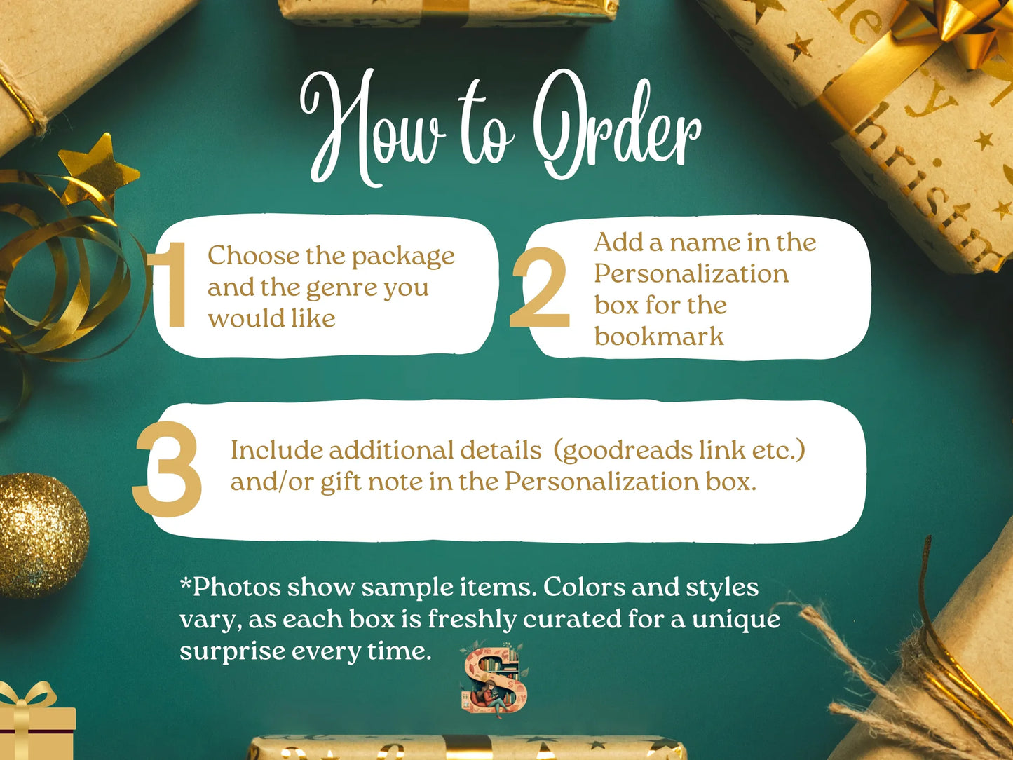 Instructions on how to order and personalization options with decorative elements and text overlay.