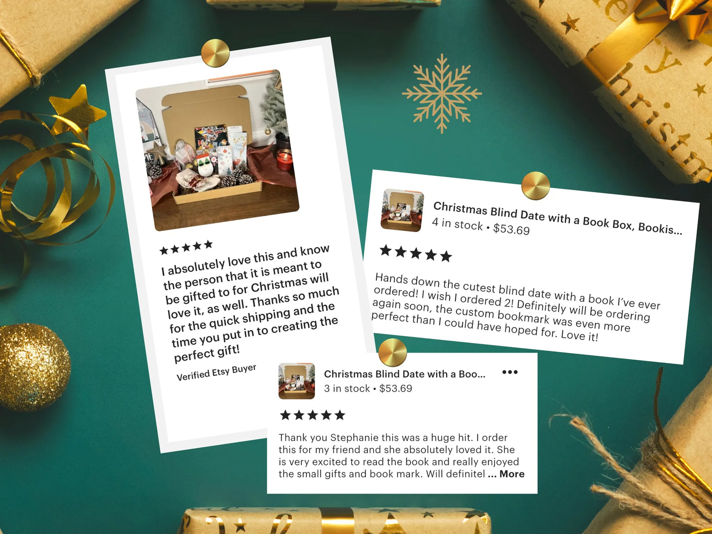Product reviews for a Christmas gift set with book and bookmark on a festive background.
