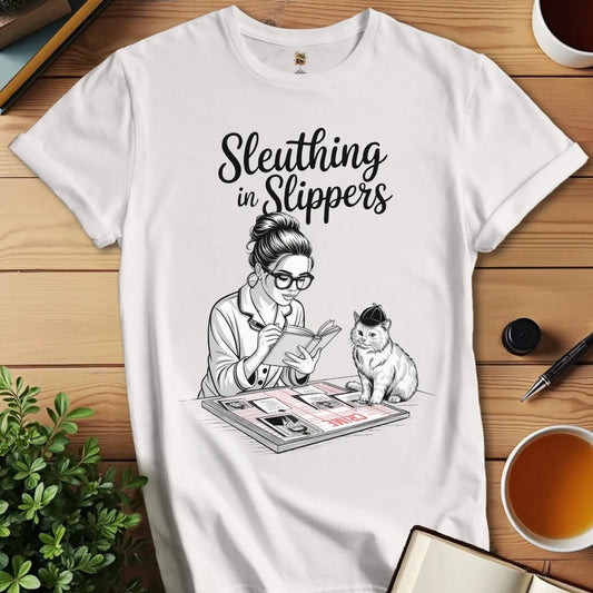 White t-shirt with a graphic of a person and a cat sleuthing, on a cozy wooden surface with a cup of tea, books, plants  and pen.