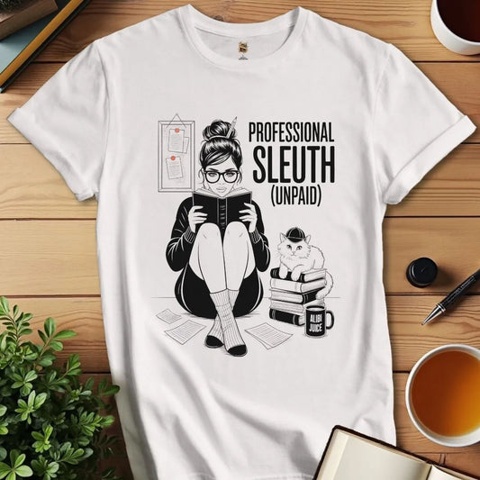 White t-shirt with a cozy mystery themed graphic design of a person reading a book with a cat, text sarcastically says 'PROFESSIONAL SLEUTH (UNPAID)' on a cozy reading place.
