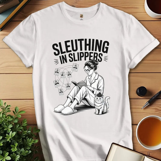 White t-shirt with 'Sleuthing in Slippers' graphic on a wooden surface with a cup of tea, book and pen.