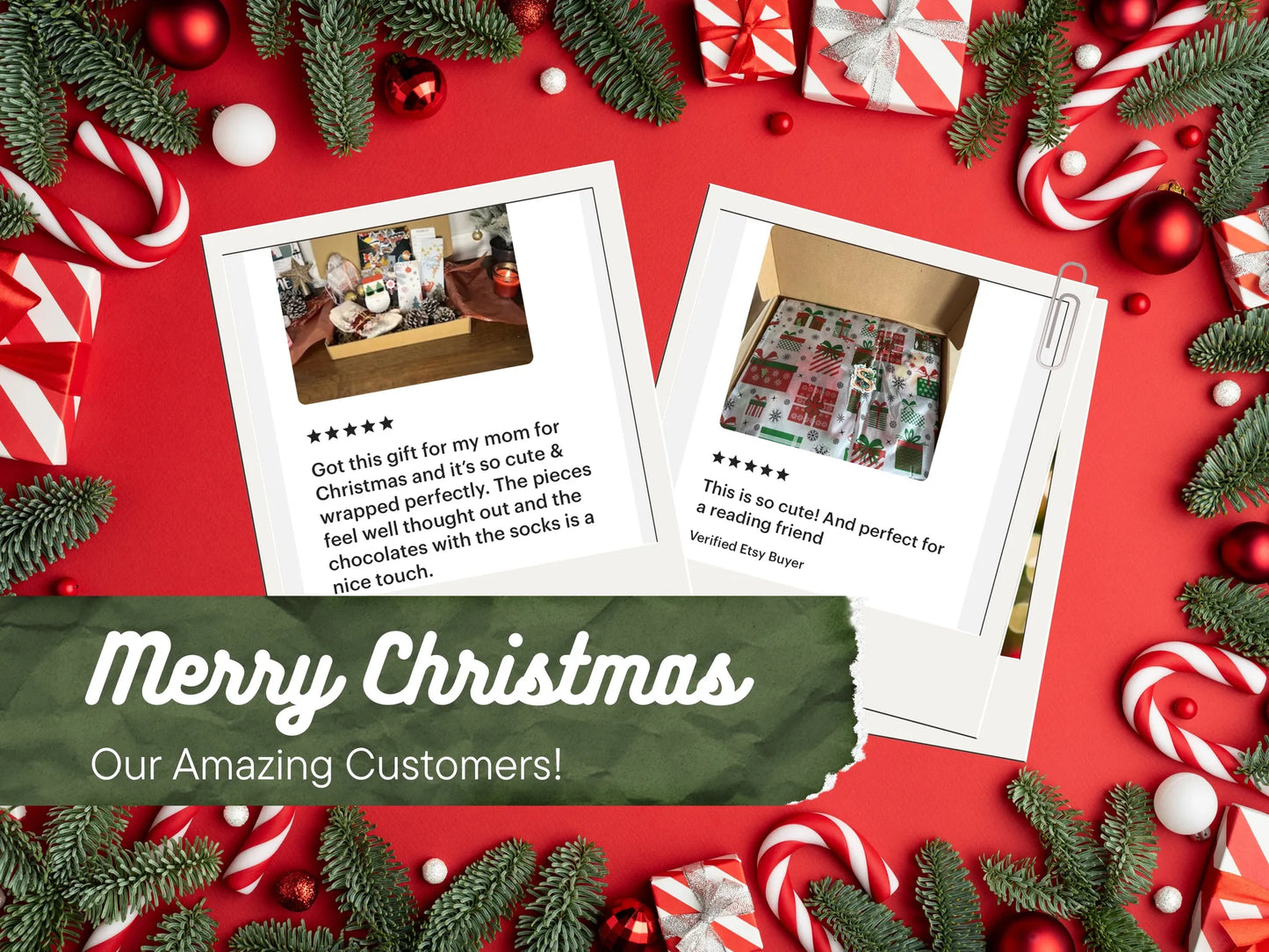 Two product reviews on a red background with Christmas decorations